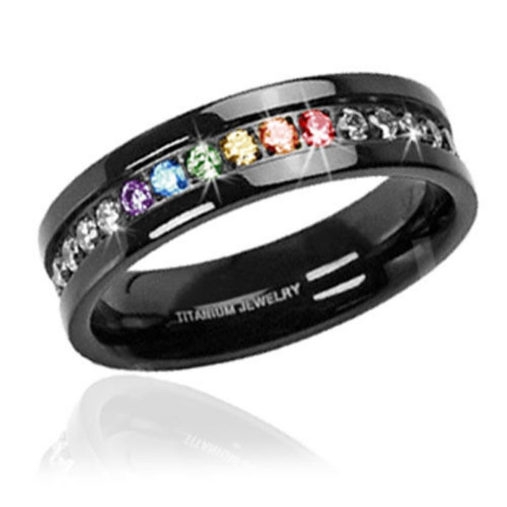 Pride Shack - Lesbian Gay Pride Wedding Ring Band -Black Rainbow String CZ Ring